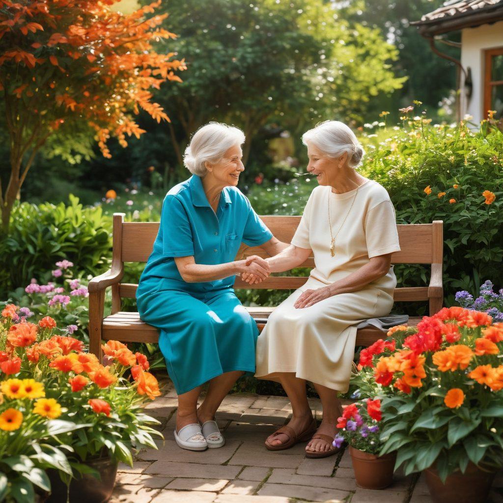 A compassionate caregiver gently assisting an elderly person in a sunlit garden, surrounded by blooming flowers and greenery that represent growth and happiness. The scene should radiate warmth, with soft smiles and tender interactions, capturing the essence of nurturing and emotional support. Include elements like a cozy bench and a well-tended flower bed to symbolize care. super-realistic. vibrant colors. serene atmosphere.