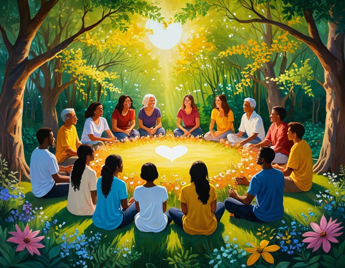 A warm, inviting scene of diverse people gathered in a circle, sharing stories, laughing, and supporting each other. In the center, a glowing heart symbol radiates light, symbolizing connection and unity. The background features soft, natural elements like trees and flowers, creating a calming atmosphere. Include vibrant colors to evoke feelings of joy and harmony. painting. vibrant colors. soft focus.