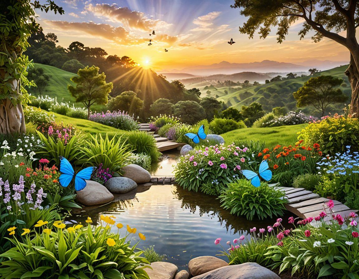 A serene landscape with a radiant sun rising over lush green hills, symbolizing happiness and well-being. In the foreground, a diverse group of people joyfully engaging in activities like yoga and gardening, showcasing connection and nurturing nature. Gentle colors reflecting peace and harmony, with whimsical butterflies fluttering around. water features subtly weaving through the scene, adding tranquility. soft focus and dreamy atmosphere. vibrant colors. super-realistic.